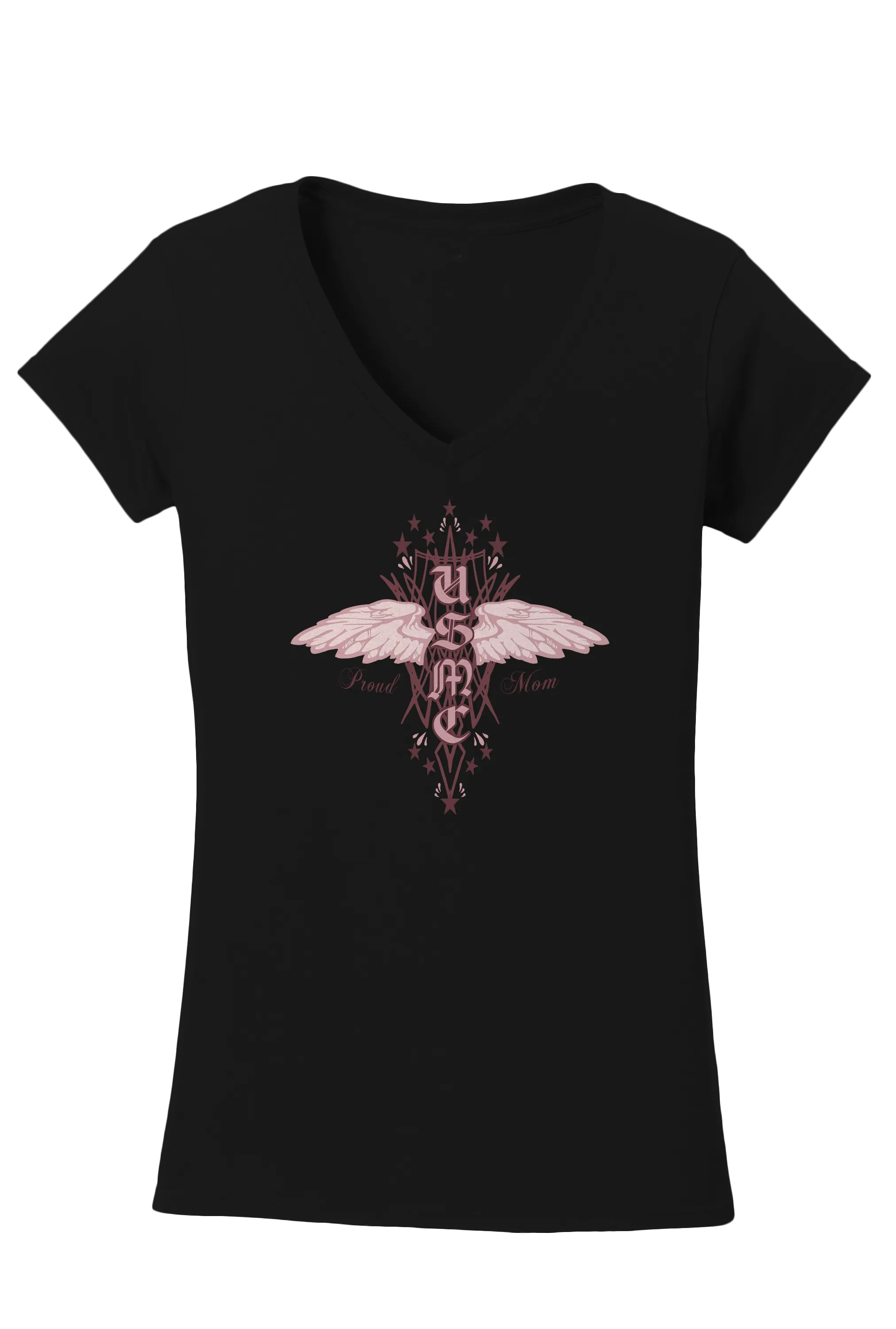 Angel USMC Ladies V-Neck Tee-Black