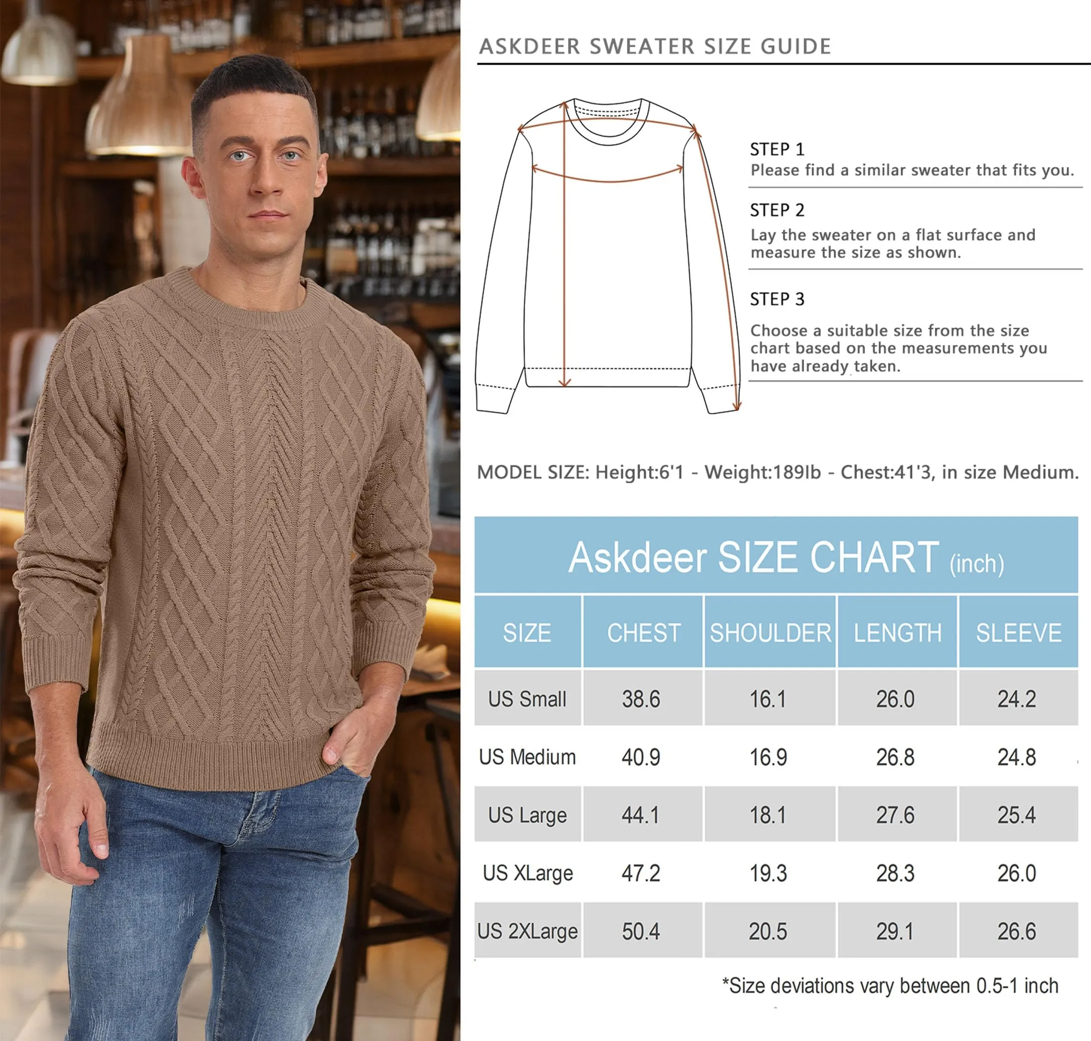 Askdeer Men's Fisherman Textured Pullover Sweater Casual Long Sleeve Crewneck Sweater Classic Soft Knitted Sweaters