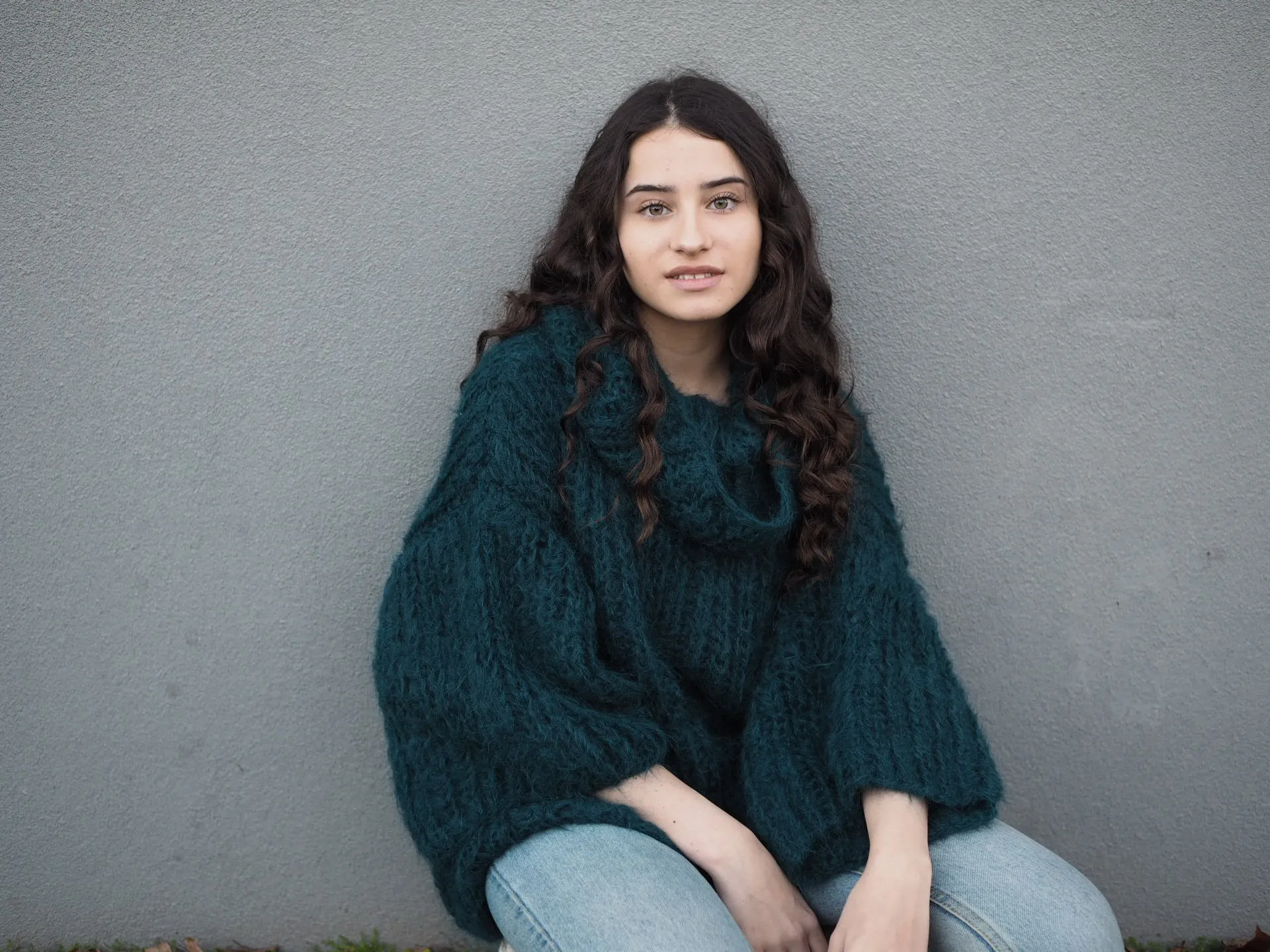 Chunky hand knit sweater with funnel collar