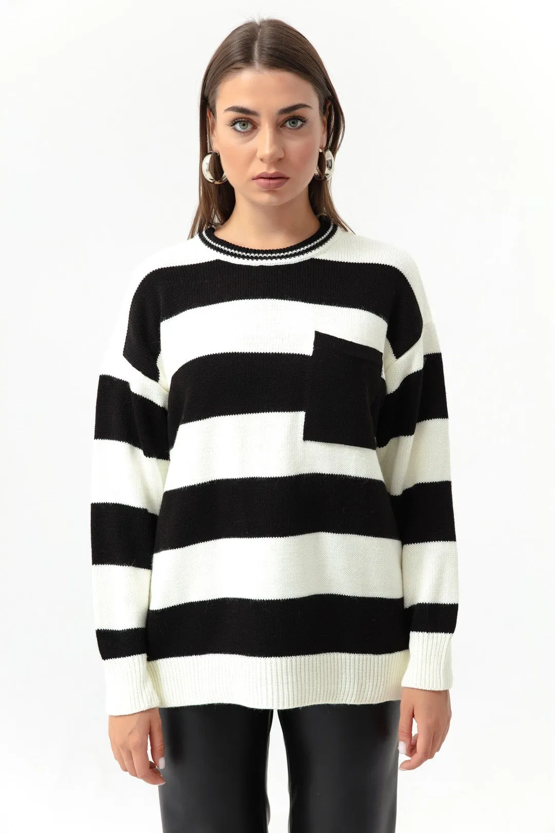 Female Bike Neck Pocket Striped Knitwear Sweater