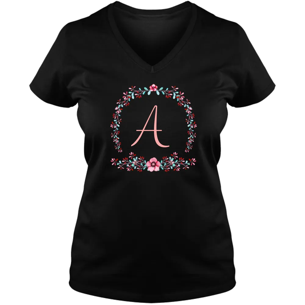 [FREE Shipping   15% OFF] Unique Personalized Initial Colorful Wreath Blossom Ladies V Neck Tee Family Matching Clothing Set [Expiry : Oct 12 (Fri)]