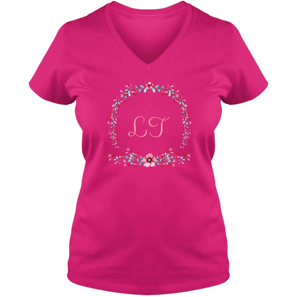 [FREE Shipping   15% OFF] Unique Personalized Initial Colorful Wreath Blossom Ladies V Neck Tee Family Matching Clothing Set [Expiry : Oct 12 (Fri)]