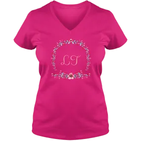 [FREE Shipping   15% OFF] Unique Personalized Initial Colorful Wreath Blossom Ladies V Neck Tee Family Matching Clothing Set [Expiry : Oct 12 (Fri)]