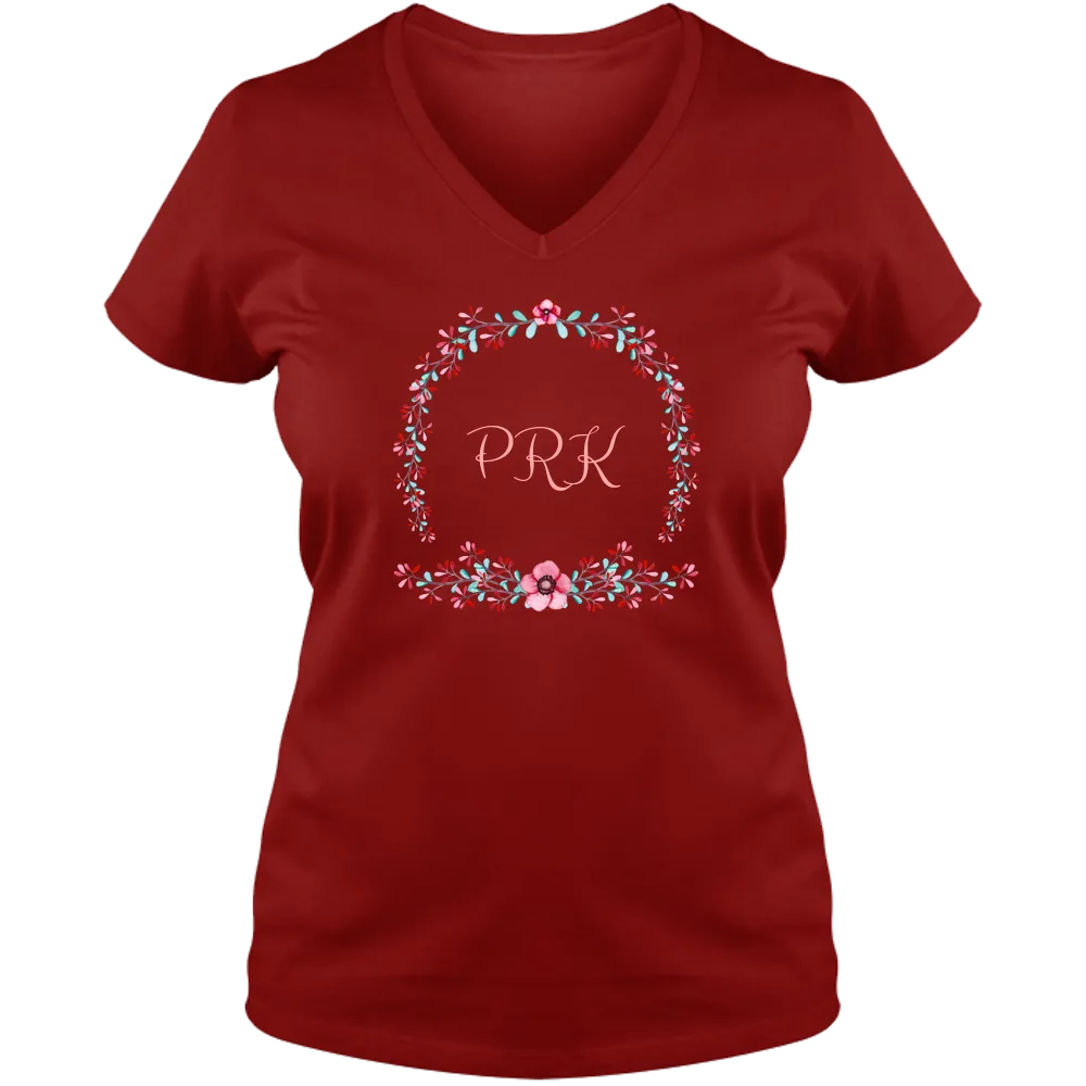 [FREE Shipping   15% OFF] Unique Personalized Initial Colorful Wreath Blossom Ladies V Neck Tee Family Matching Clothing Set [Expiry : Oct 12 (Fri)]