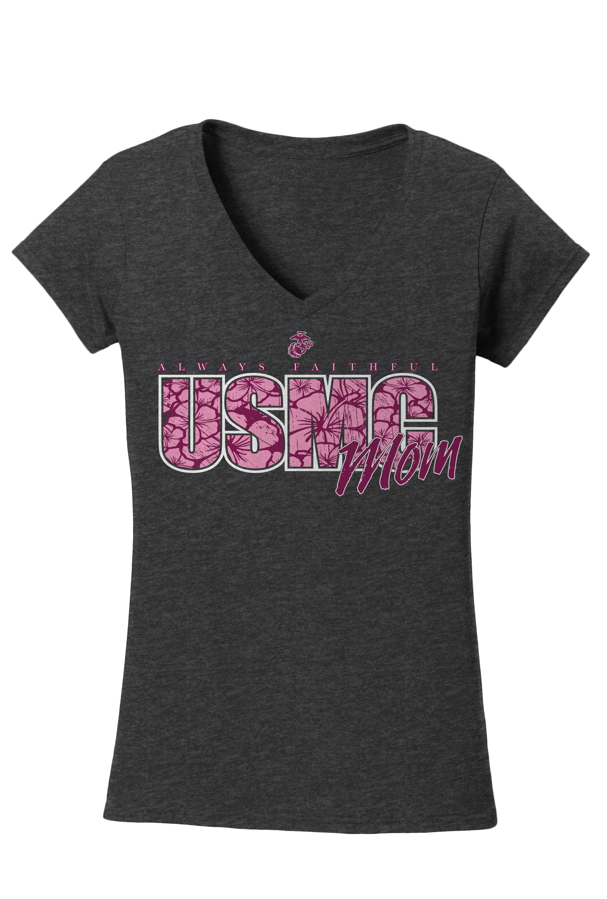 Hibiscus Always Faithful Mom USMC V-Neck Tee-Charcoal