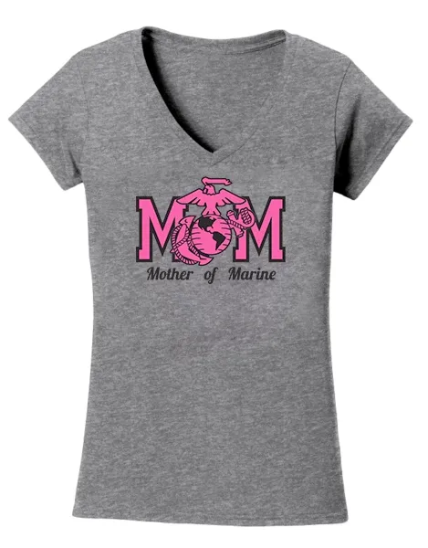 Mom of a Marine USMC V-Neck Tee-Sport Grey w/Pink