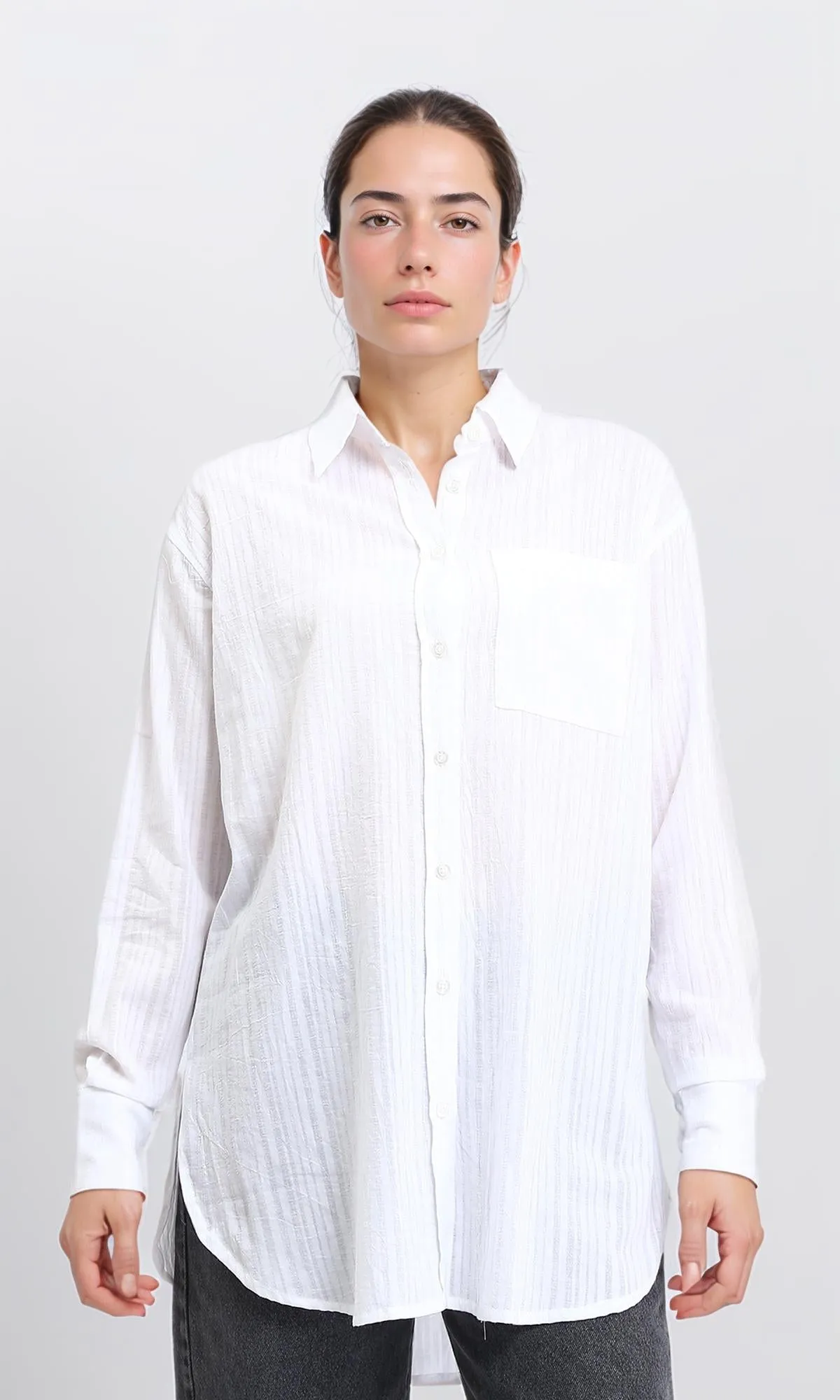 R206079 - Self Striped Cotton Summer Shirt - White