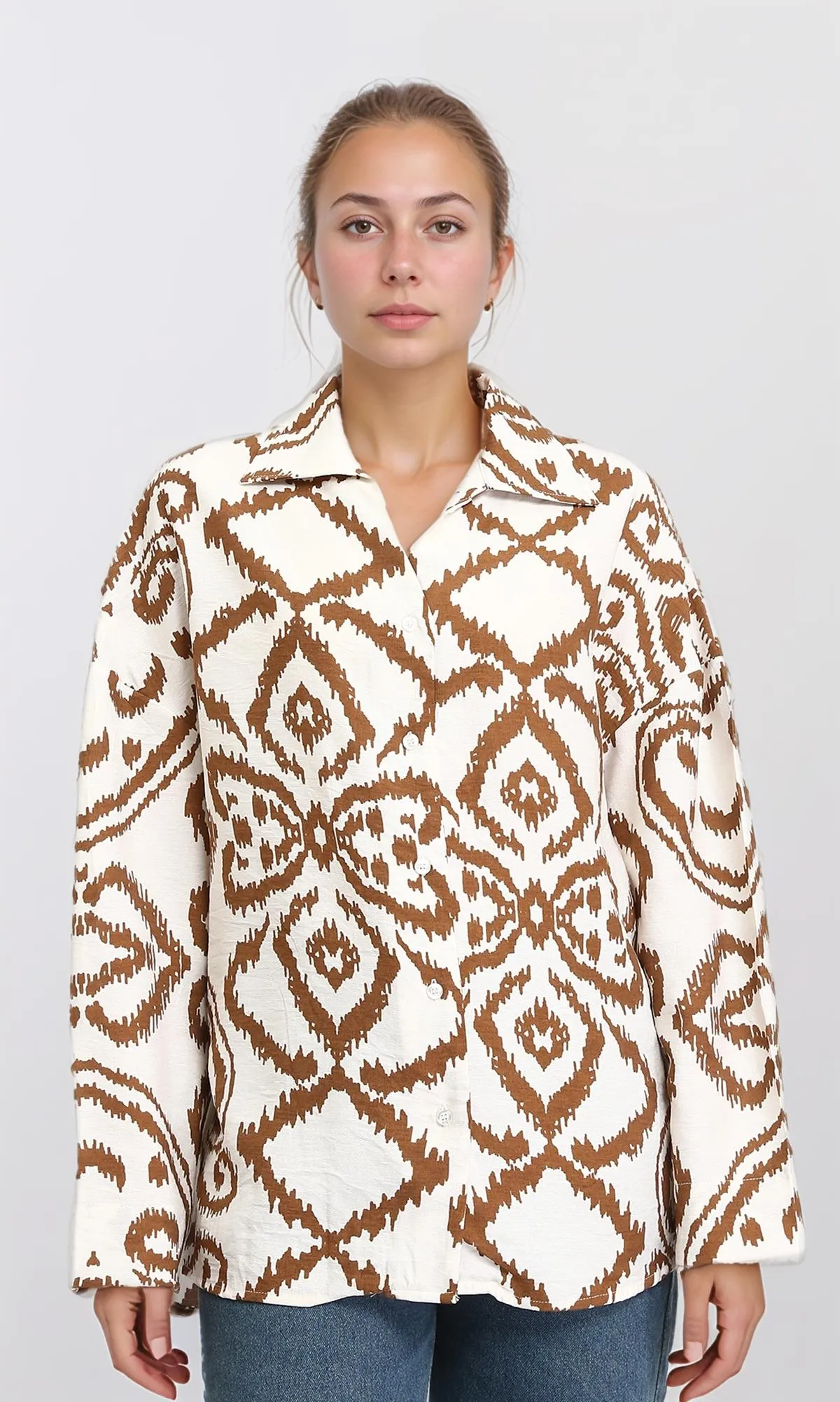 R206505 - Open V-Neck Patterned Shirt - Brown & Off-White