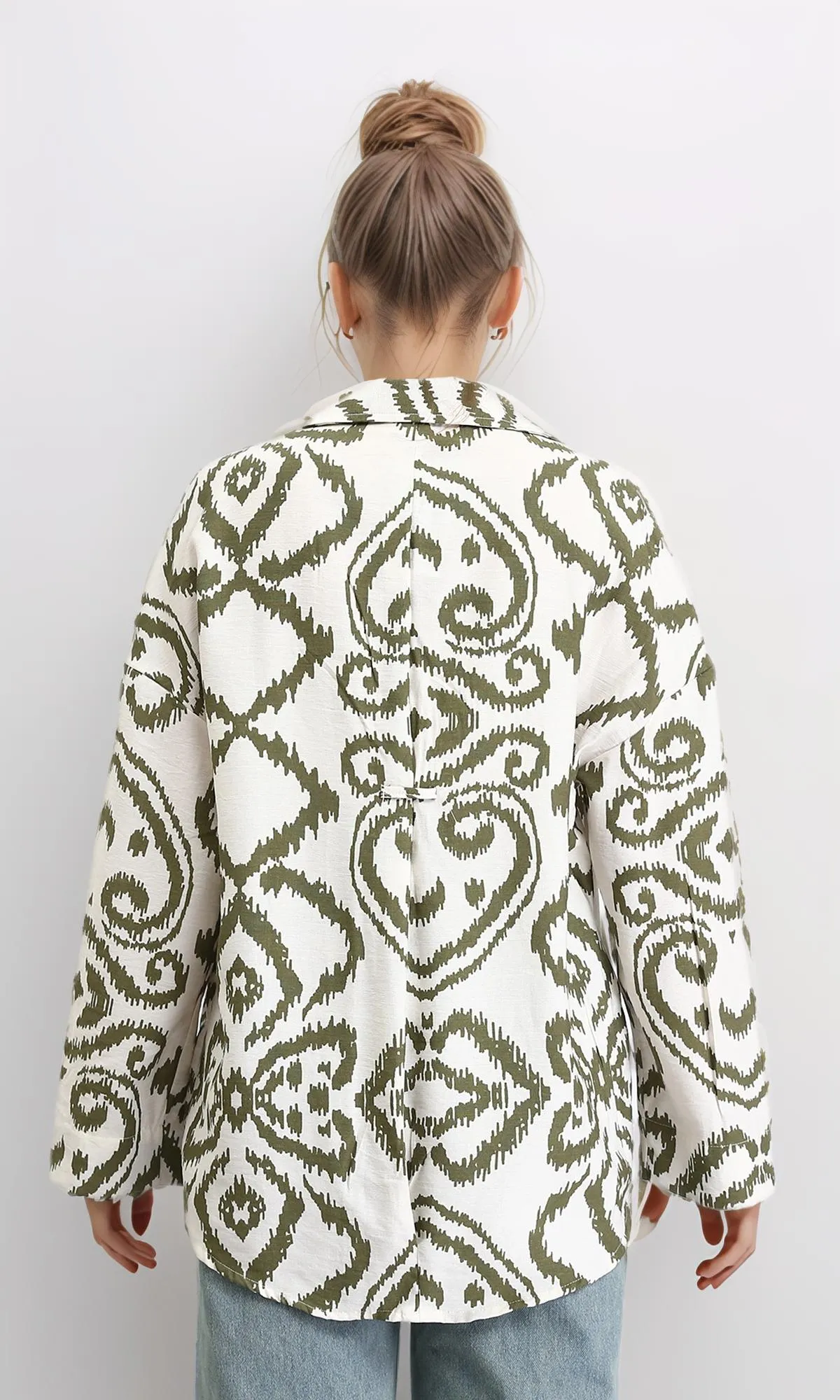 R206507 - Open V-Neck Patterned Shirt - Dark Olive & Off-White