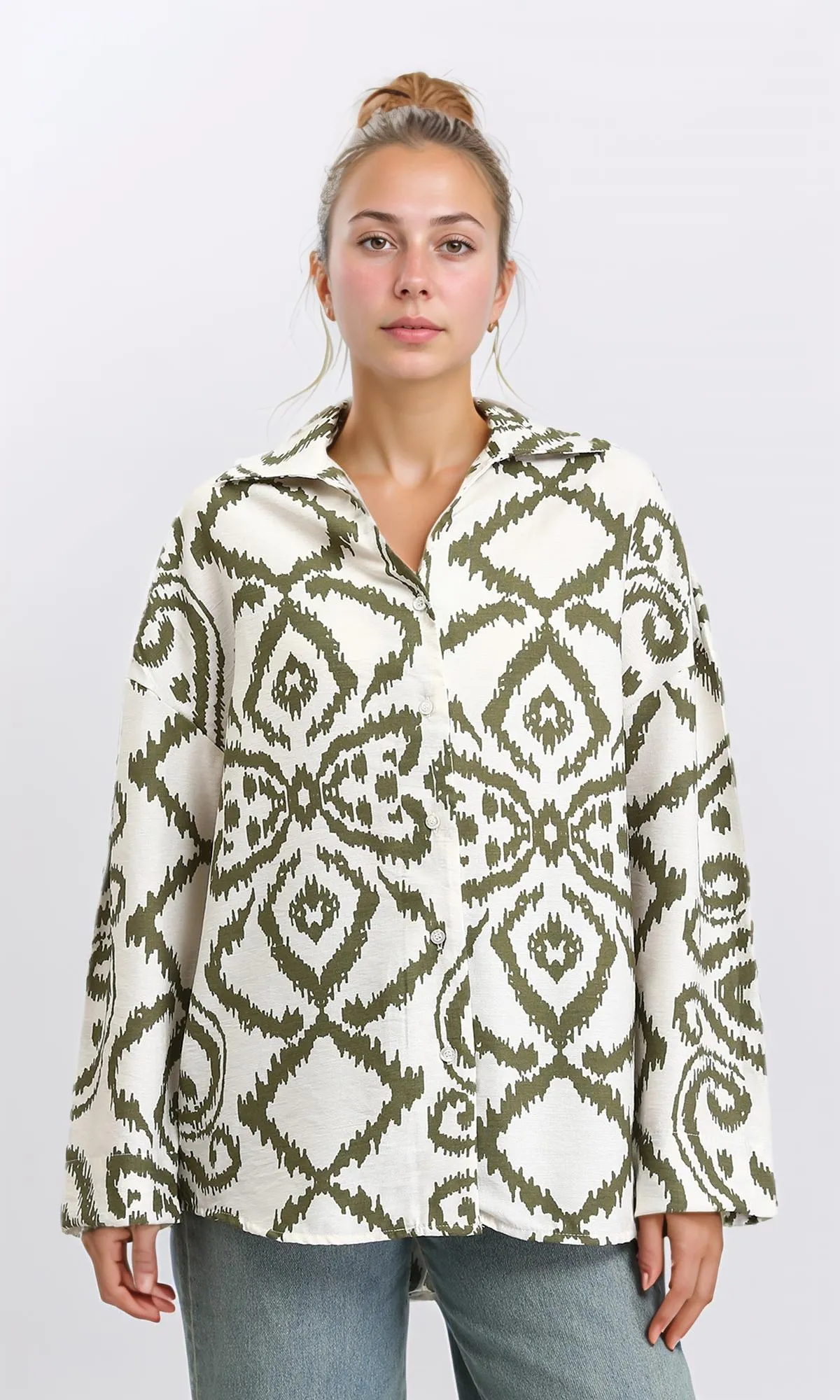 R206507 - Open V-Neck Patterned Shirt - Dark Olive & Off-White