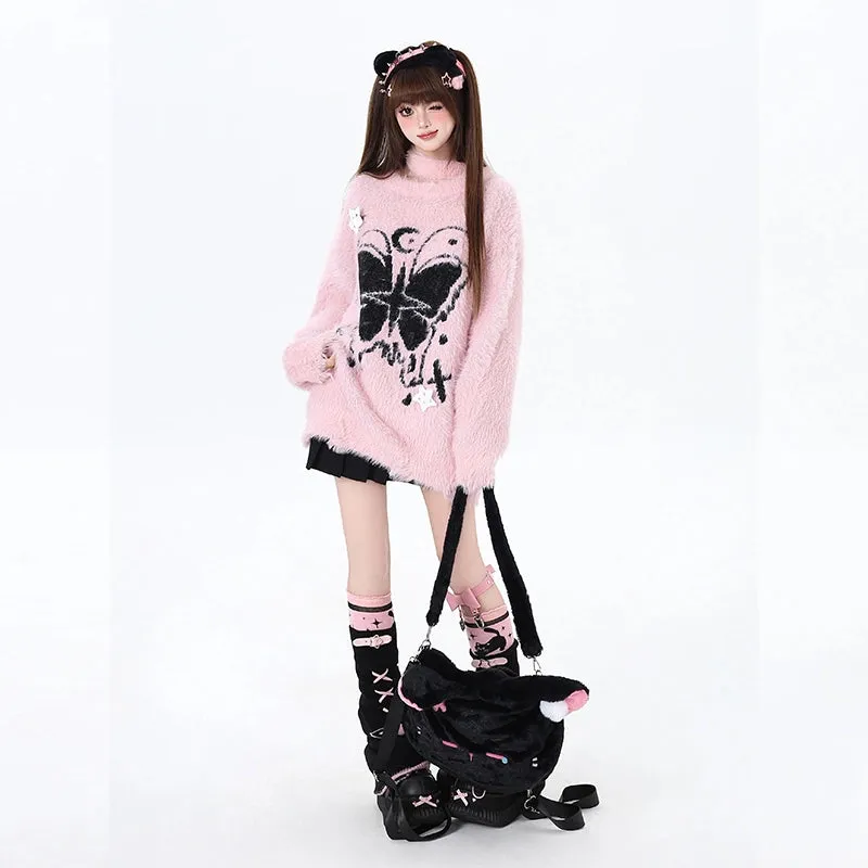 Sweet Girl Style Butterfly Embroidery Off-shoulder Sweater