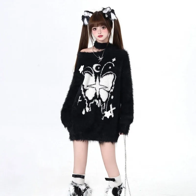 Sweet Girl Style Butterfly Embroidery Off-shoulder Sweater