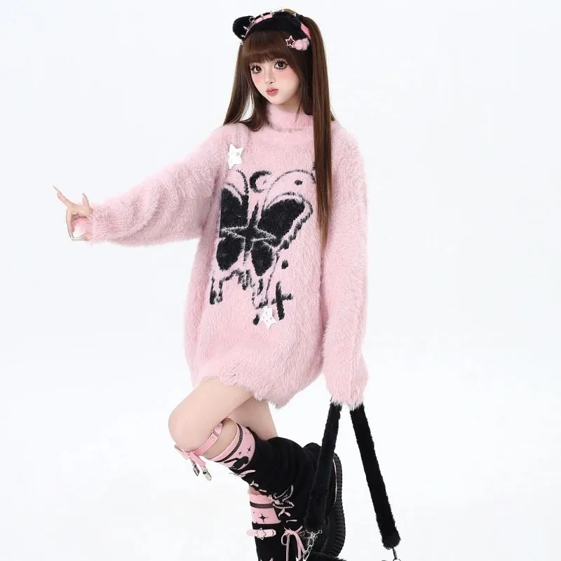 Sweet Girl Style Butterfly Embroidery Off-shoulder Sweater
