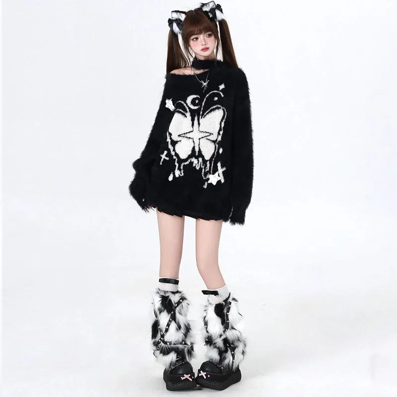 Sweet Girl Style Butterfly Embroidery Off-shoulder Sweater