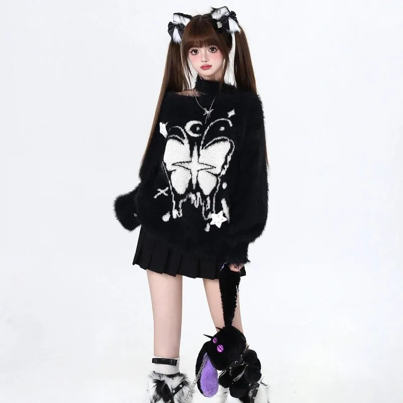 Sweet Girl Style Butterfly Embroidery Off-shoulder Sweater