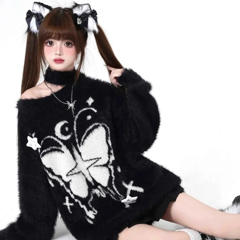 Sweet Girl Style Butterfly Embroidery Off-shoulder Sweater