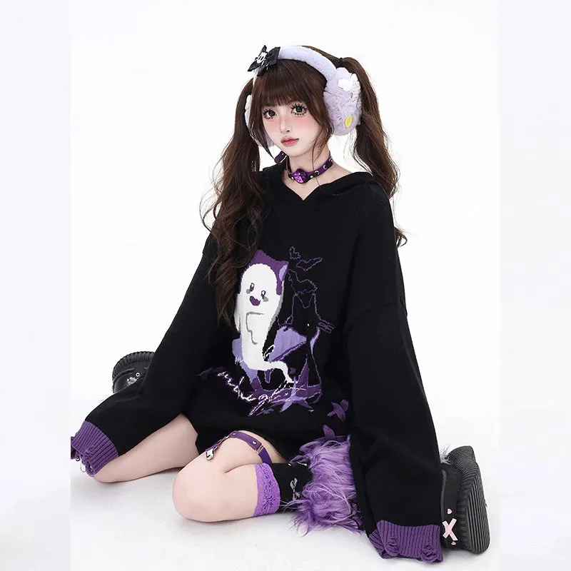 Sweet Halloween Style Ghost Embroidered Loose Sweater