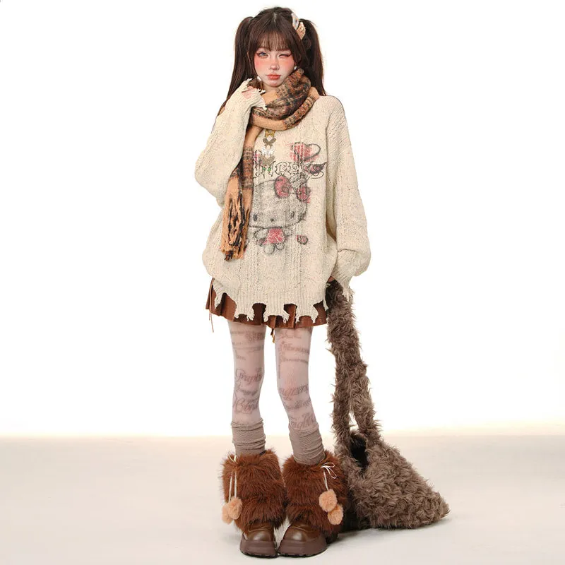 Sweet Lazy Soft Girl Style Pink Hello Kitty Embroidery Loose Sweater