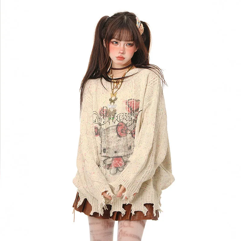 Sweet Lazy Soft Girl Style Pink Hello Kitty Embroidery Loose Sweater