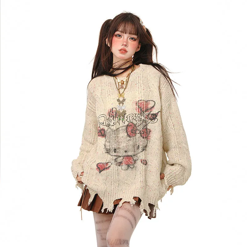 Sweet Lazy Soft Girl Style Pink Hello Kitty Embroidery Loose Sweater