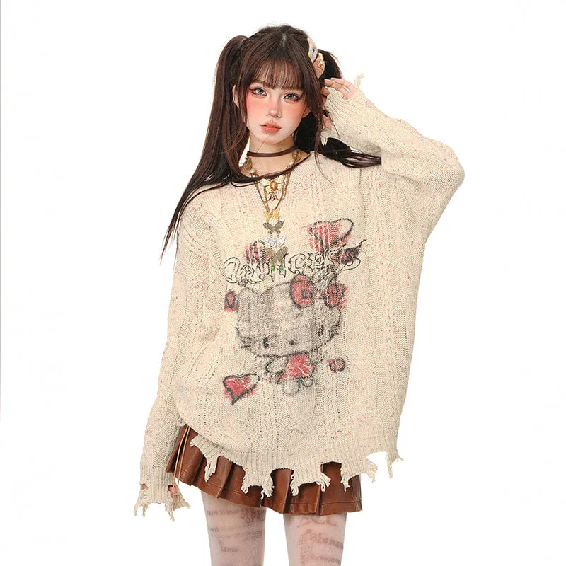 Sweet Lazy Soft Girl Style Pink Hello Kitty Embroidery Loose Sweater