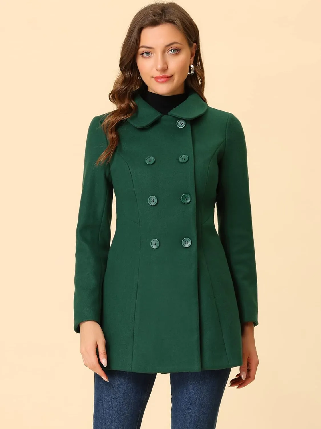 Women'S Peter Pan Collar Double Breasted Winter Long Trench Pea Coat