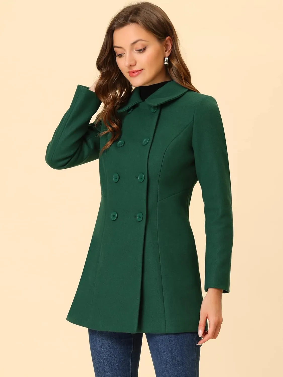 Women'S Peter Pan Collar Double Breasted Winter Long Trench Pea Coat